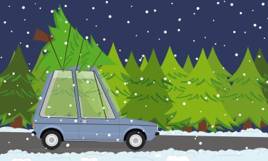 Komik karikatür araba ile Noel ağacı