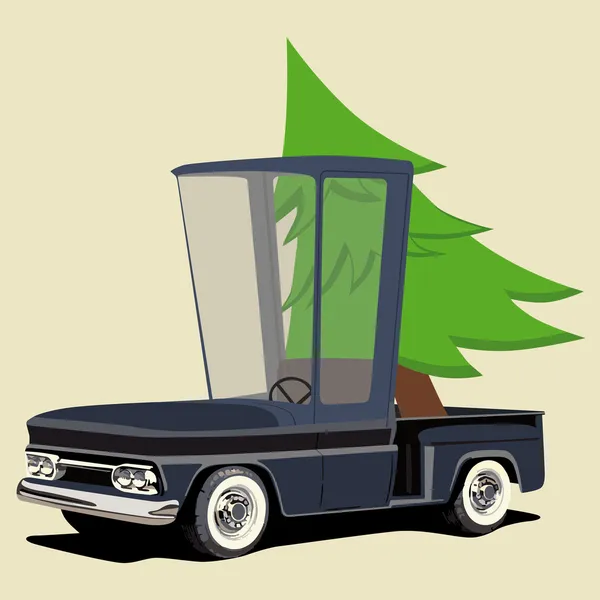 Grappige cartoon pick-up truck met kerstboom — Stockvector