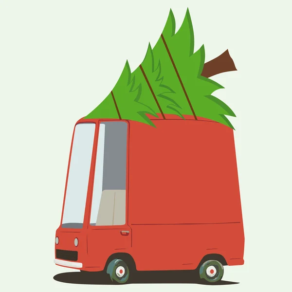 Funny minivan de dibujos animados con un árbol — Vector de stock