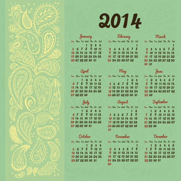 2014 Calendar with decorative floral elements — Stock Vector
