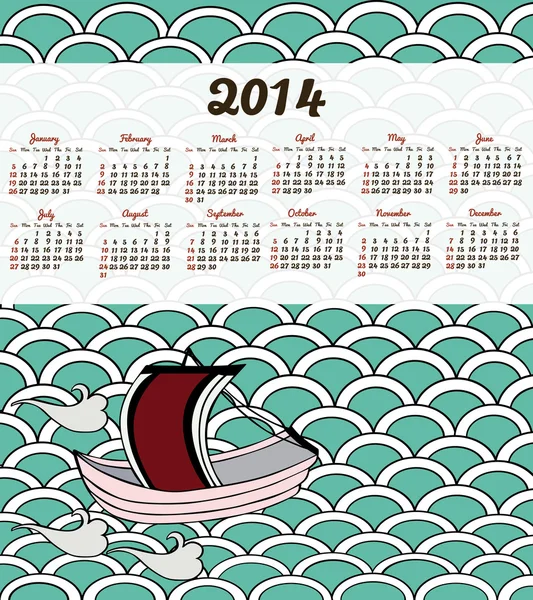 Calendar 2014 with traditional japanese waves — Stock Vector