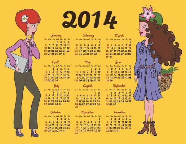 2014 calendar with fashion girls — Stock Vector