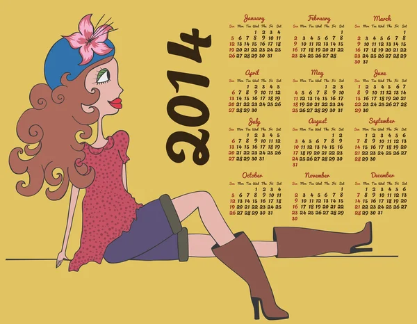 2014 calendar with fashion girl — Stock Vector