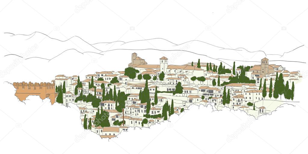 Urban sketch of Granada, Spain (view from Heneralife)