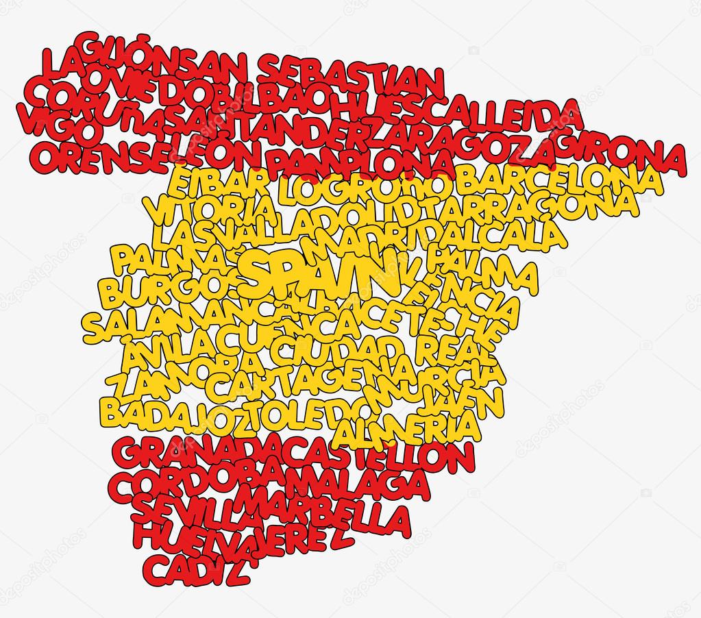 Spain map and words cloud with larger cities