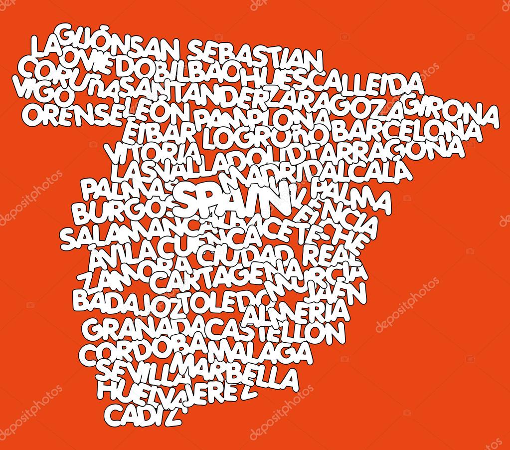 Spain map and words cloud with larger cities