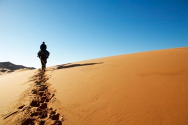 Man walking through desert dunes