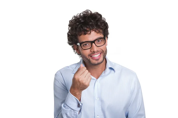 Junger Mann mit Brille gestikuliert mit der Hand — Stockfoto