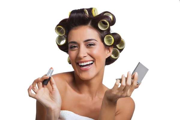 Woman with yellow curlers l — Stock Photo, Image