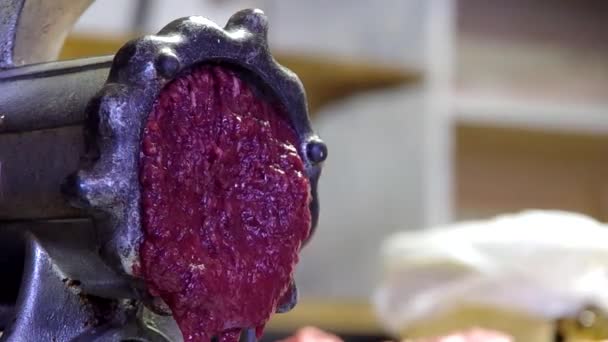 Hakken varkensvlees lever in een vleesmolen — Stockvideo