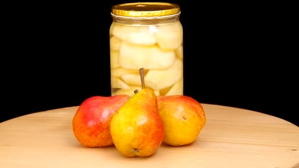 Three pears and canned pears — Stock Video