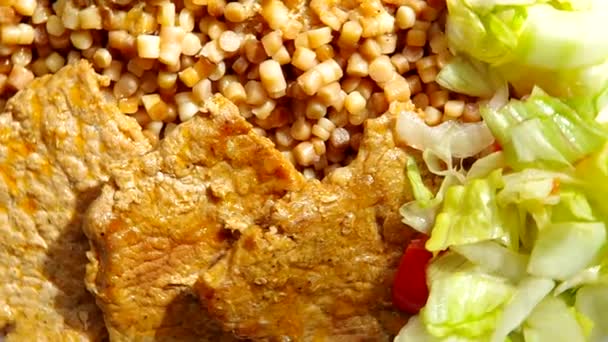 Salada de macarrão, carne e legumes — Vídeo de Stock