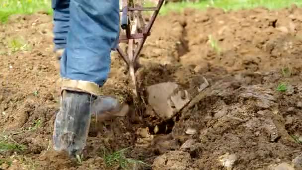 Electric winch and hand plow for plowing — Stock Video