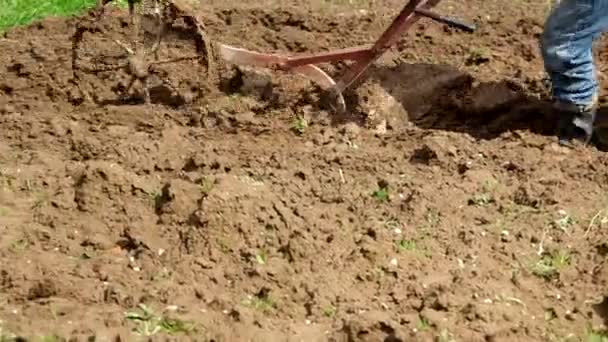 Guincho elétrico e arado de mão para arar — Vídeo de Stock