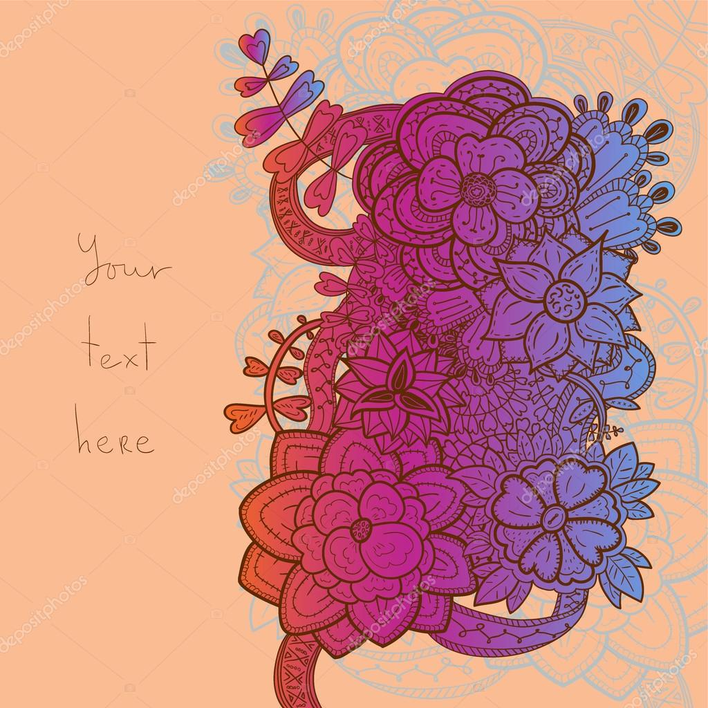 Il disegno floreale handdrawn bellissimo con un sacco di dettaglio stilizzate e embroidary modello di carta di invito saluto sfondo color pesca