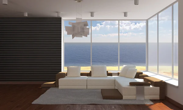Εσωτερικό του ένα σπίτι θάλασσα με λευκό καναπέ — Φωτογραφία Αρχείου