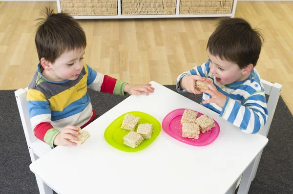 Tweeling jongens eten sandiwches — Stockfoto