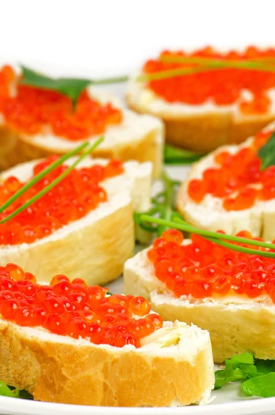 Petiscos com caviar vermelho, manteiga, salsa e baguete — Fotografia de Stock