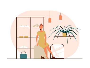 İnsanlar düz vektör çizimleri yapıyor. Alışveriş yapan bir mağazada ayakkabı dener..