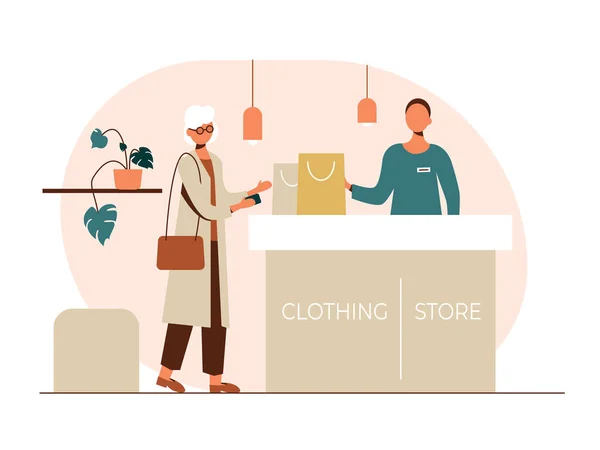 Persone shopping piatto illustrazioni vettoriali set. Un venditore in un negozio di abbigliamento accetta il pagamento al registratore di cassa. — Vettoriale Stock