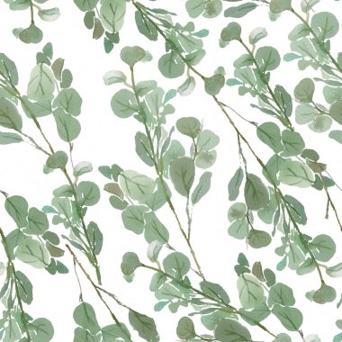 Suluboya el boyası, yeşil yapraklı ve okaliptüs dallı dikişsiz desenli baskı, tekstil. Bahar ya da yaz çiçekleri davetiye, düğün ya da tebrik kartı için.