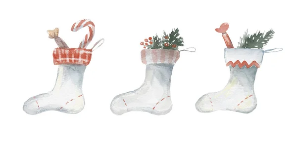 Watercolor Set Christmas Stockin Cobbler Mantel White Background — Stock Photo, Image