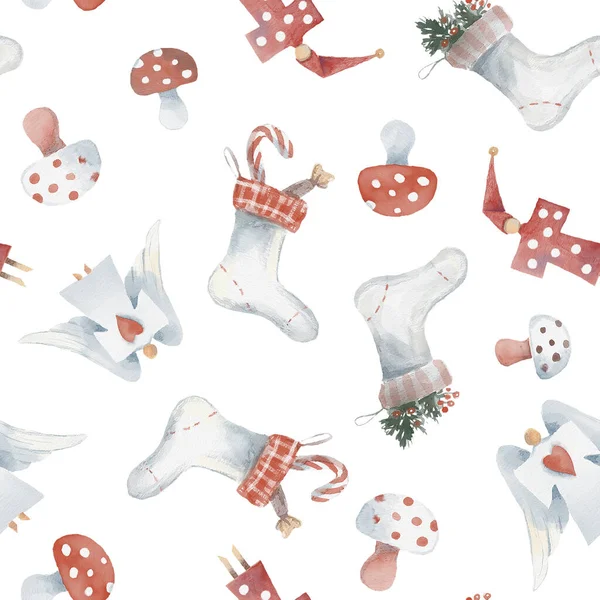 Watercolor Seamless Pattern Christmas Stockin Cobbler Mantel Dolls Toys Angels — Stock Photo, Image