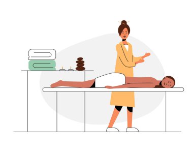 Masaj terapistleri spa masajı yapar. Hastalar kanepeye uzanıp rahatlatıcı bir vücut tedavisinin tadını çıkarıyorlar. Düz vektör illüstrasyonu.
