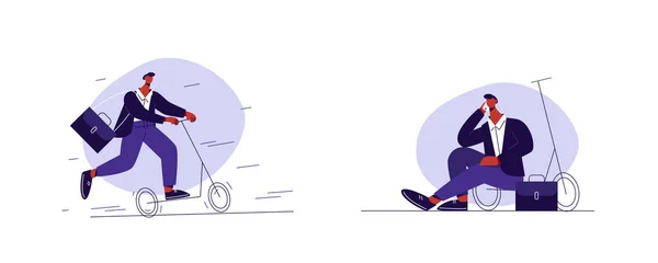 İş adamı scooter kullanıyor. İş adamı telefonda konuşuyor ve bir scooter 'ın üzerinde oturuyor. Düz vektör illüstrasyonu.