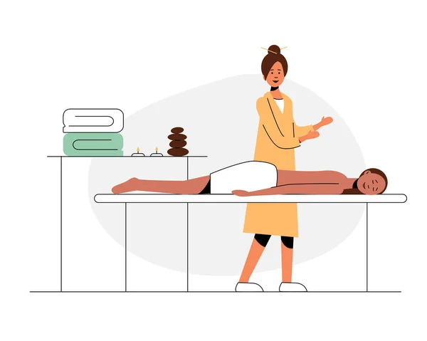 Les Massothérapeutes Donnent Des Massages Spa Les Patients Allongent Sur — Image vectorielle