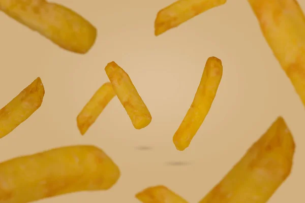 Τηγανητές Πατάτες Στον Αέρα Fast Food Αιωρείται Μπεζ Φόντο Δημιουργική — Φωτογραφία Αρχείου