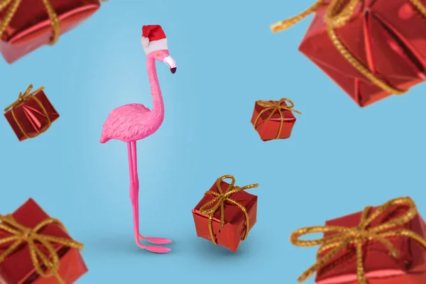 Flamant Rose Dans Chapeau Père Noël Boîtes Cadeaux Volantes Joyeux Image En Vente