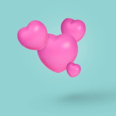 Pastel mavi arka planda havada süzülen kalplerle yaratıcı bir fikir. Mutlu Kadınlar, Anneler Günü, Sevgililer Günü, doğum günü tebrik kartı tasarımı için asgari sevgi sembolü