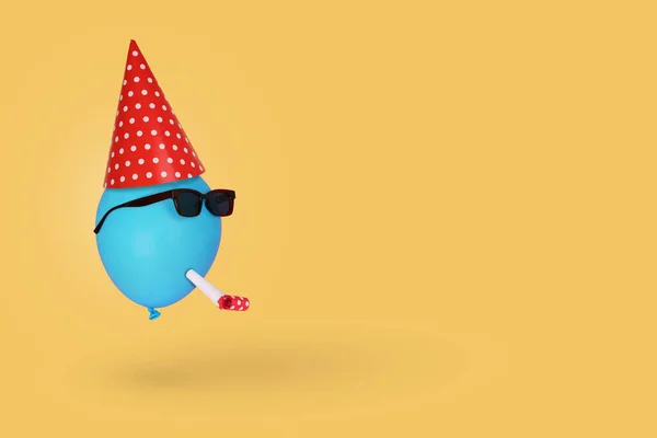 Balão Azul Óculos Sol Com Chapéu Aniversário Assobio Flutuando Contra — Fotografia de Stock