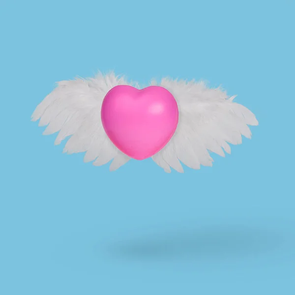 Gently Pink Flying Heart Blue Background Heart Angel Wings Valentine — Stock Photo, Image