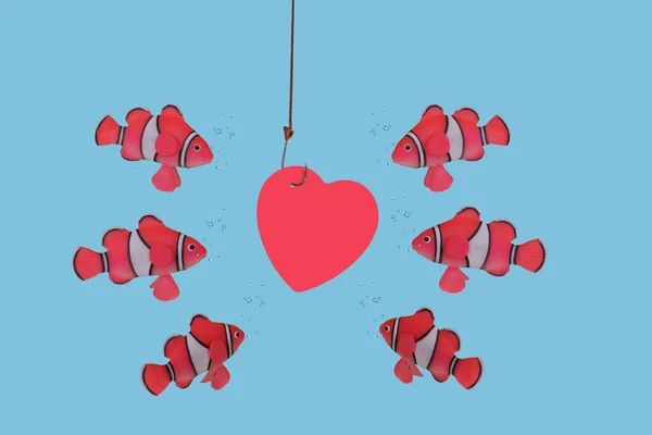 Poissons Nageant Autour Coeur Rouge Sur Crochet Pêche Concept Créatif — Photo
