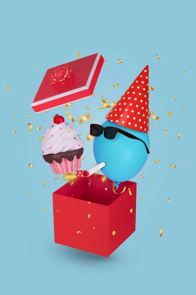 Caixa Presente Vermelha Balão Engraçado Com Óculos Sol Chapéu Festa — Fotografia de Stock