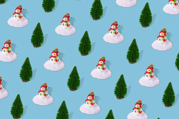 Creative Winter Pattern Made Snowman Snow Pine Tree Bright Blue — Stock Photo, Image