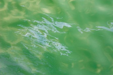 Deniz suyu alanının kirliliği. Motor yağı veya benzinden oluşan büyük bir soyut leke denizin yüzeyine döküldü..