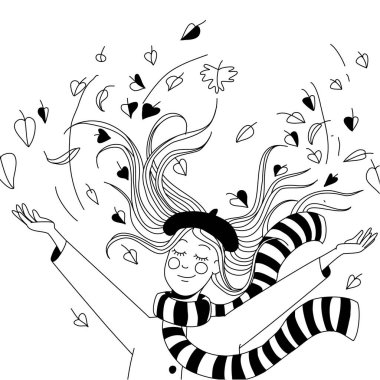 Kız sonbahar yapraklarını başının üstüne atar.