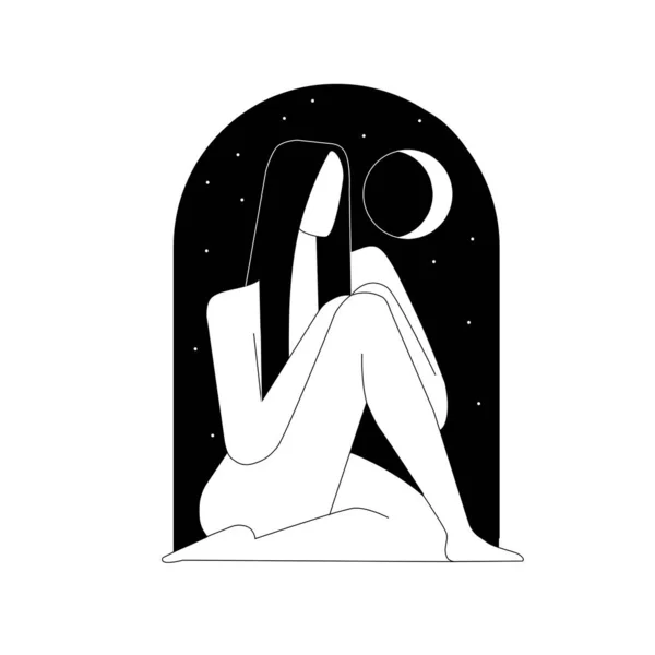 Uzun saçlı bir kız, yıldızlı gökyüzünün ve ayın arka planında bir pencerede oturur..