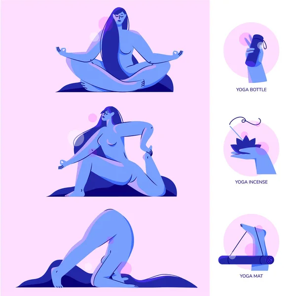 做瑜伽的抽象女孩和三个小插图图标 — 图库矢量图片