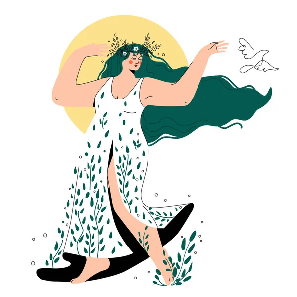 Una mujer primaveral en un vestido de brotes de primavera libera a una paloma un símbolo de paz, pureza, amor, serenidad, esperanza — Vector de stock