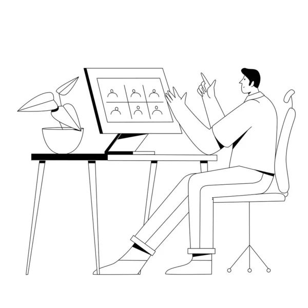 Um homem senta-se em um computador em uma reunião online. Ilustrações De Stock Royalty-Free