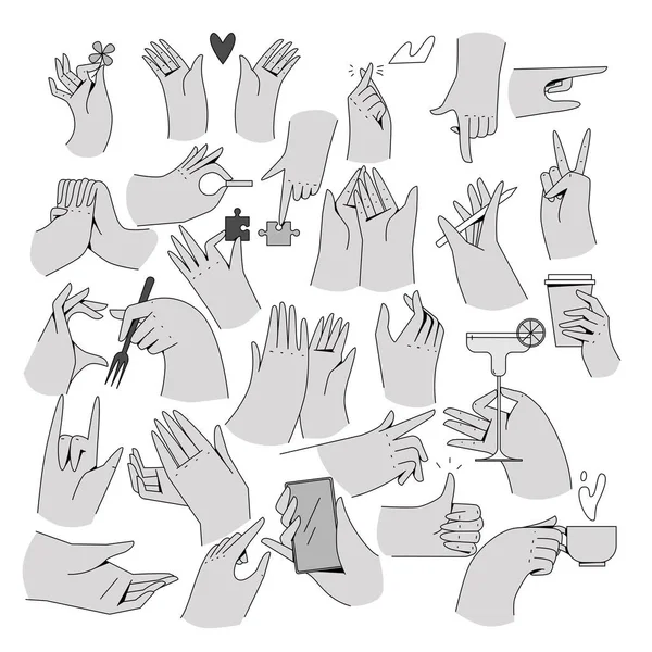 Um conjunto de vinte e seis belas mãos em diferentes posições. Ilustrações De Stock Royalty-Free