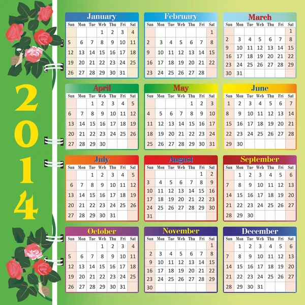 Calendar 2014 with roses — Stock Vector