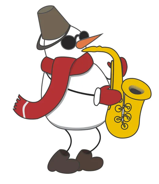 Cheerful snowman plays music on saxophone — Stock Vector