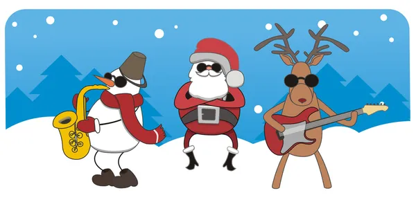 Biglietto natalizio con Babbo Natale, renne e pupazzo di neve — Vettoriale Stock