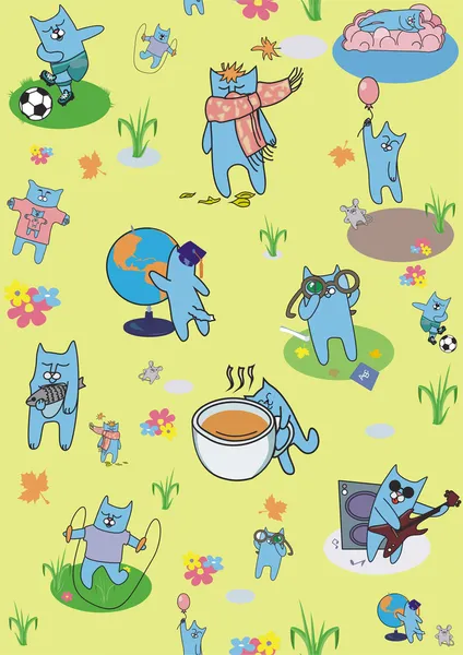 Colored wallpaper with blue cats — Stock Vector