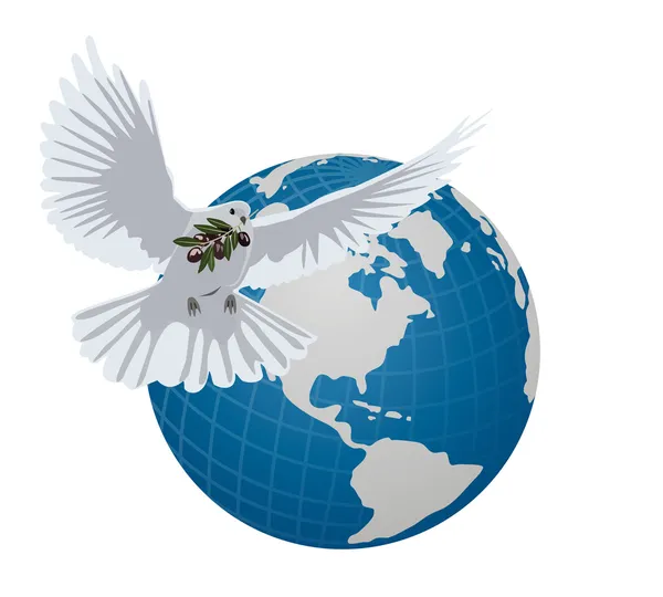 Vector dove with an olive branch on the background of the globe — Stock Vector